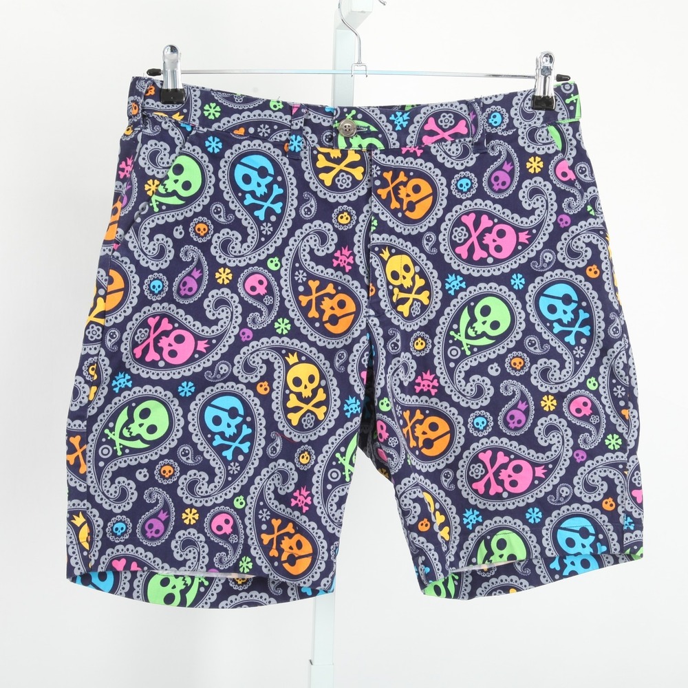 LoudMouth Men's Colorful Paisley Skull Golf Shorts Flat Front Size 34 Cotton